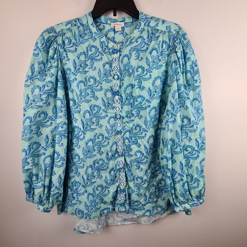 Sundance Caralog Faron Aqua L Cotton Floral Paisley Boho Button Front Blouse